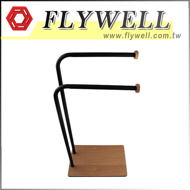 Black Pipe Double Towel Rack with wooden base