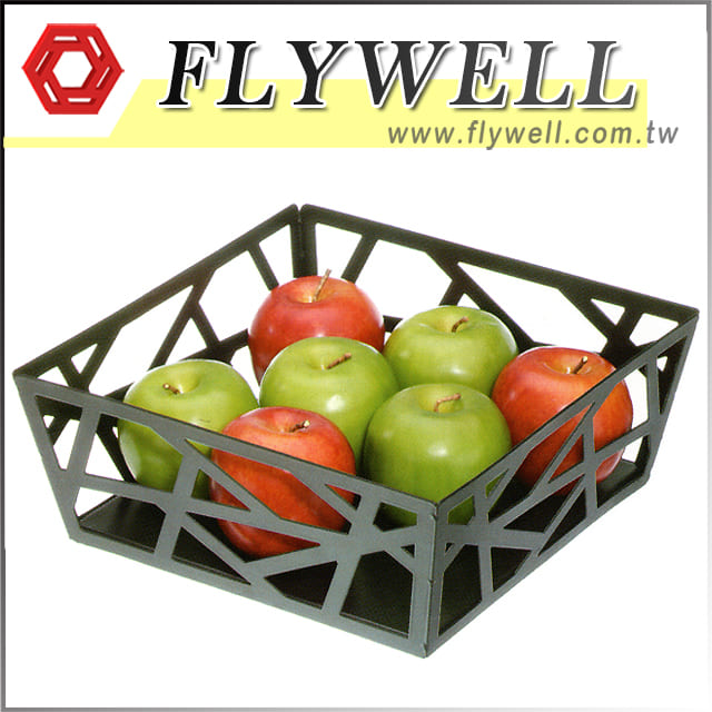 black metal square fruit holder with flywell logo